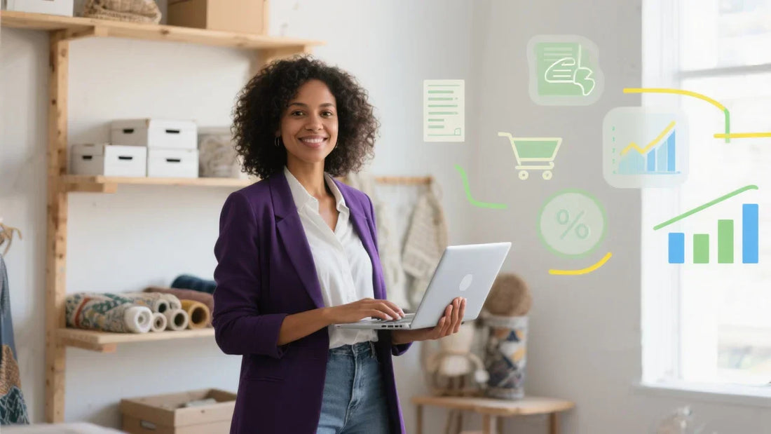 Mulher negra empreendedora em sua loja, com elementos sutis de finanças e reforma tributária