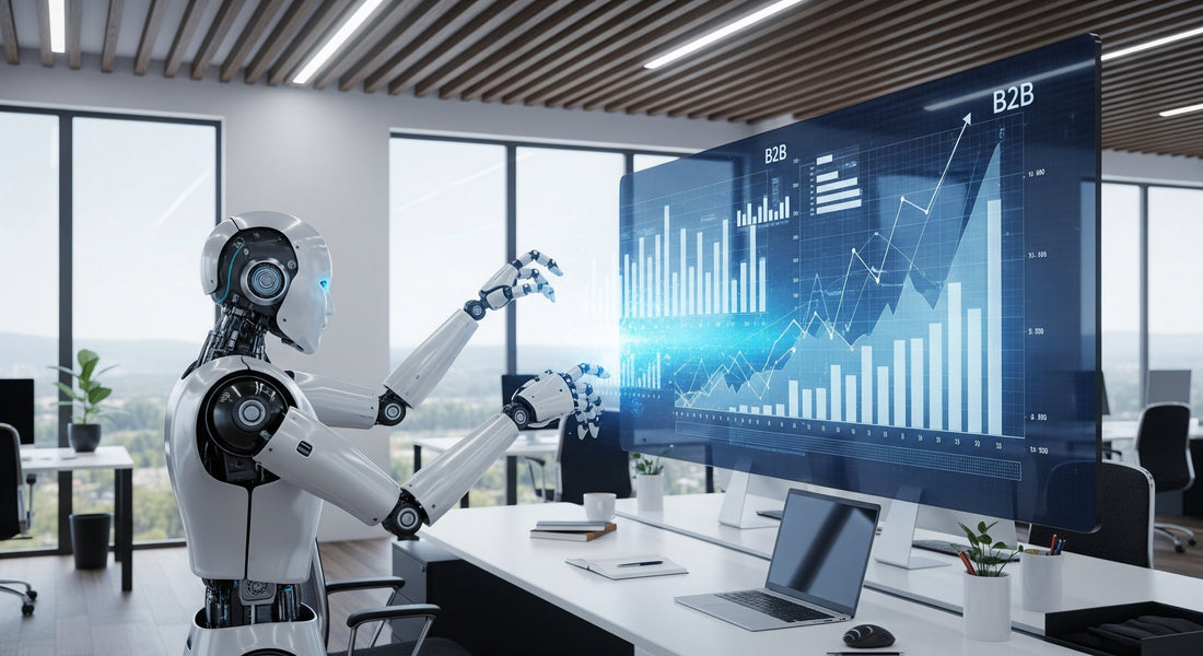 Robô de inteligência artificial gerando gráficos de crescimento de negócios em um escritório moderno, simbolizando inovação e automação para e-commerce e B2B.