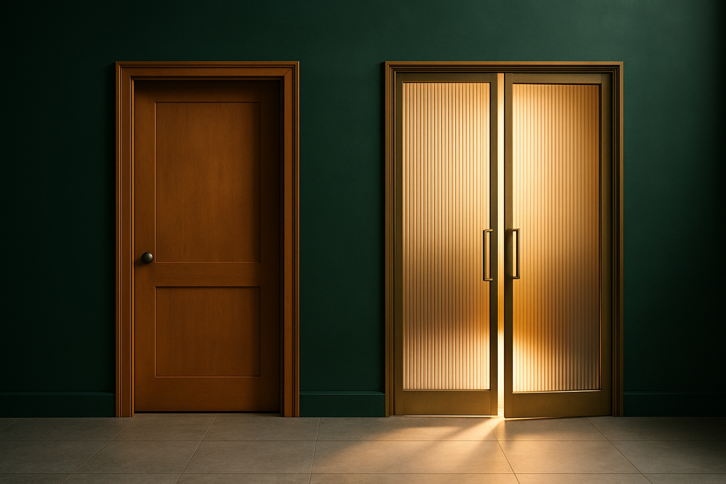 Duas portas lado a lado em uma parede verde-escura, sendo a da esquerda de madeira cor de mel fechada e a da direita de vidro canelado com moldura fina dourada, entreaberta deixando escapar uma luz suave, sobre piso de pedra clara com iluminação mati