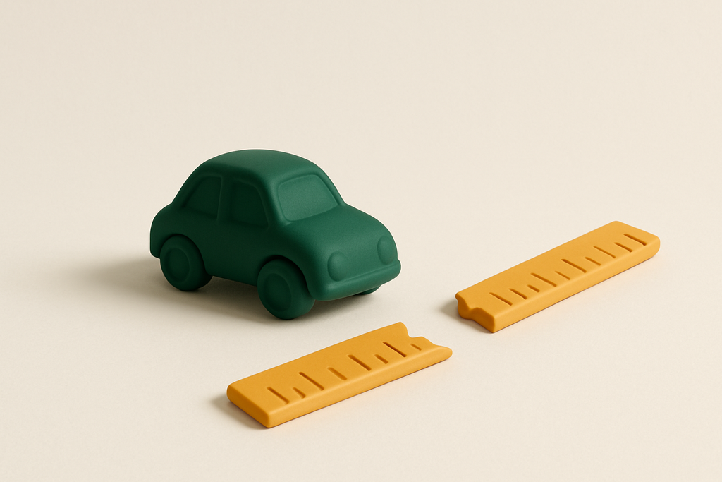 Pequeno carro de passageiros em cerâmica ao lado de uma régua graduada partida ao meio, com as peças quebradas caídas ao chão, em tons de verde floresta profundo e dourado quente sobre fundo estúdio off-white, luz difusa suave e sombras delicadas.