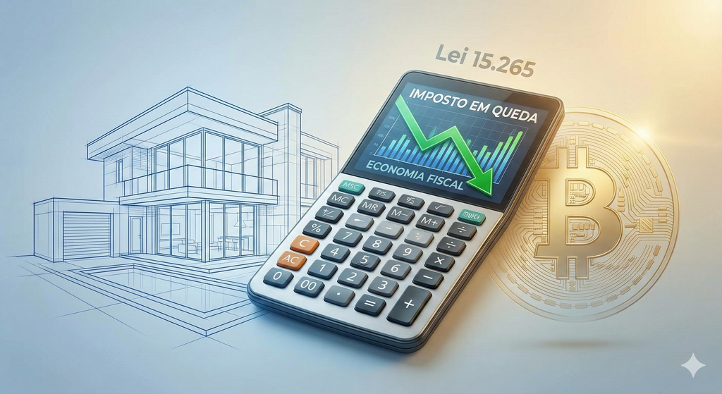 "Gráfico comparativo mostrando economia de impostos na atualização de imóveis e criptomoedas com a Lei 15.265 REARP, com calculadora financeira e logo da Algoritimado."