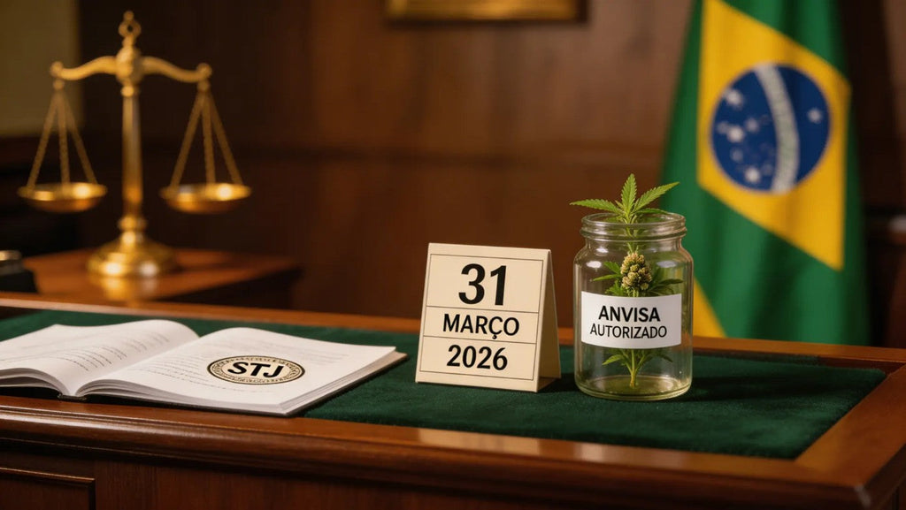Documentos regulatórios da ANVISA e calendário com prazo de 31 de março de 2026 sobre mesa institucional, representando o marco regulatório do cannabis medicinal no Brasil e o prazo final do STJ IAC 16