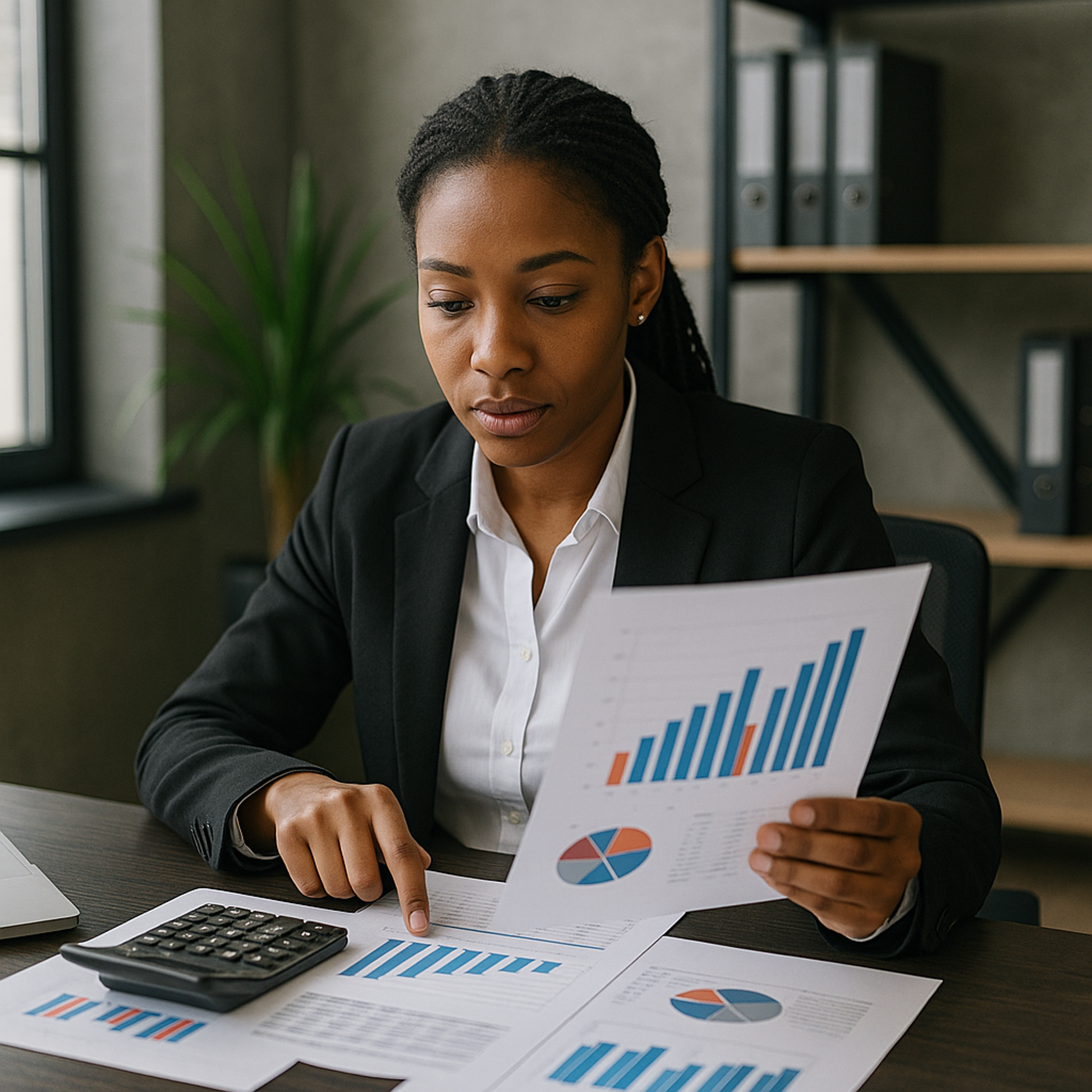 Contadora negra analisando gráficos financeiros com calculadora e documentos em escritório corporativo moderno
