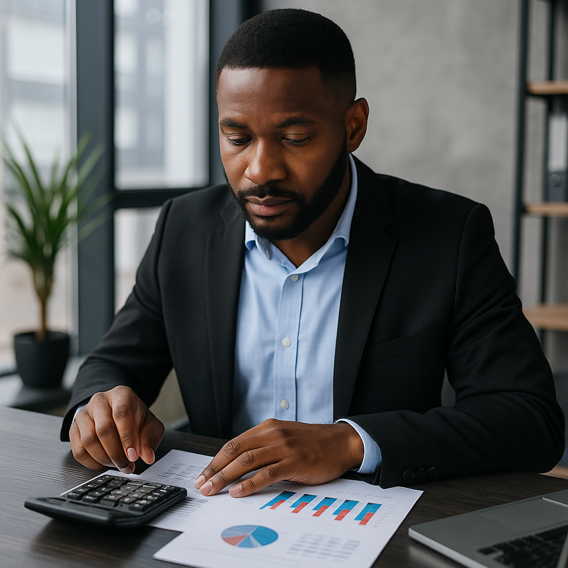 Perito contábil negro examinando gráficos financeiros com calculadora em escritório moderno com luz natural