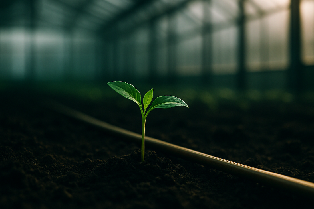 Muda verde em solo escuro dentro de estufa, com linha de irrigação dourada e luz difusa — o cultivo medicinal regulado pela RDC 1.013 começando.
