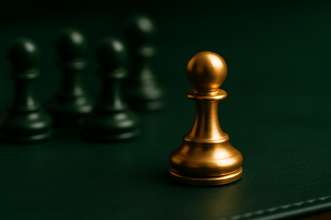 Peão de xadrez de latão dourado sobre mesa verde-escura, entre peões verdes desfocados — a pessoa física entrando no tabuleiro do IBS/CBS.