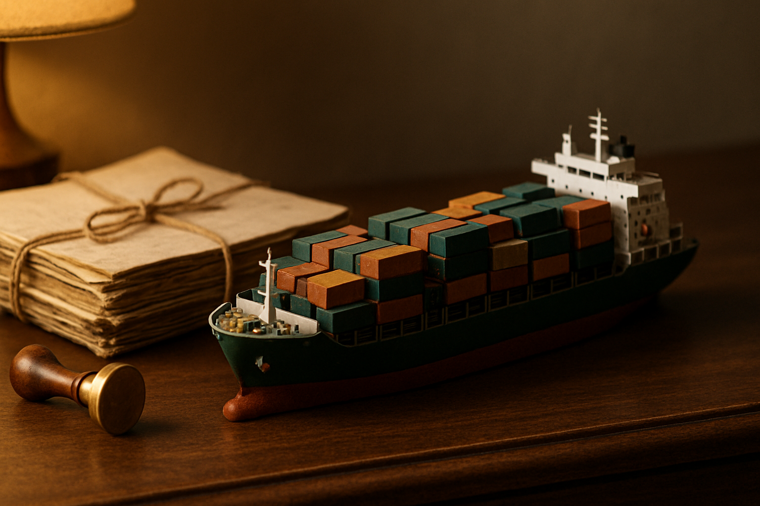 Miniatura de navio cargueiro com casco verde-escuro sobre uma mesa de nogueira, ao lado de uma pilha de documentos envelhecidos amarrados com barbante e um carimbo de latão deitado, iluminada por uma luz âmbar quente vinda da esquerda.
