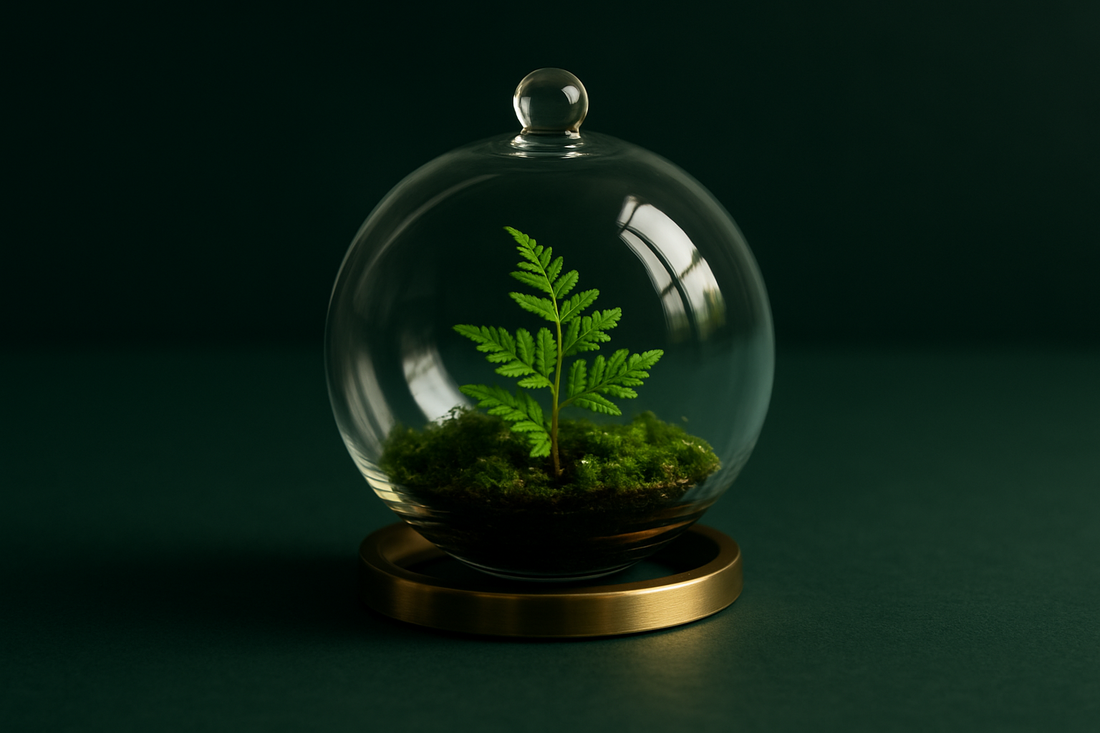 Terrário de vidro selado com samambaia verde sobre suporte de latão em fundo verde-escuro — créditos de carbono e o tratamento tributário na reforma (CBS/IBS).