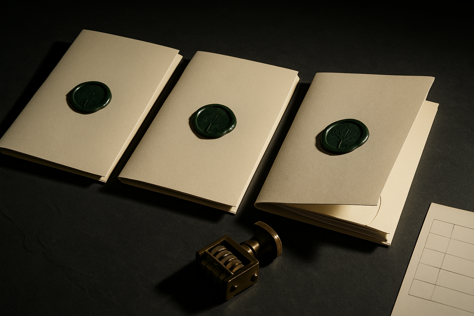 Tres pastas de documentos cor creme lado a lado sobre mesa de ardosia escura, cada uma lacrada com selo de cera verde-escura. A da direita esta aberta, mostrando as paginas. A frente, um carimbo de data em latao. Luz dura lateral.