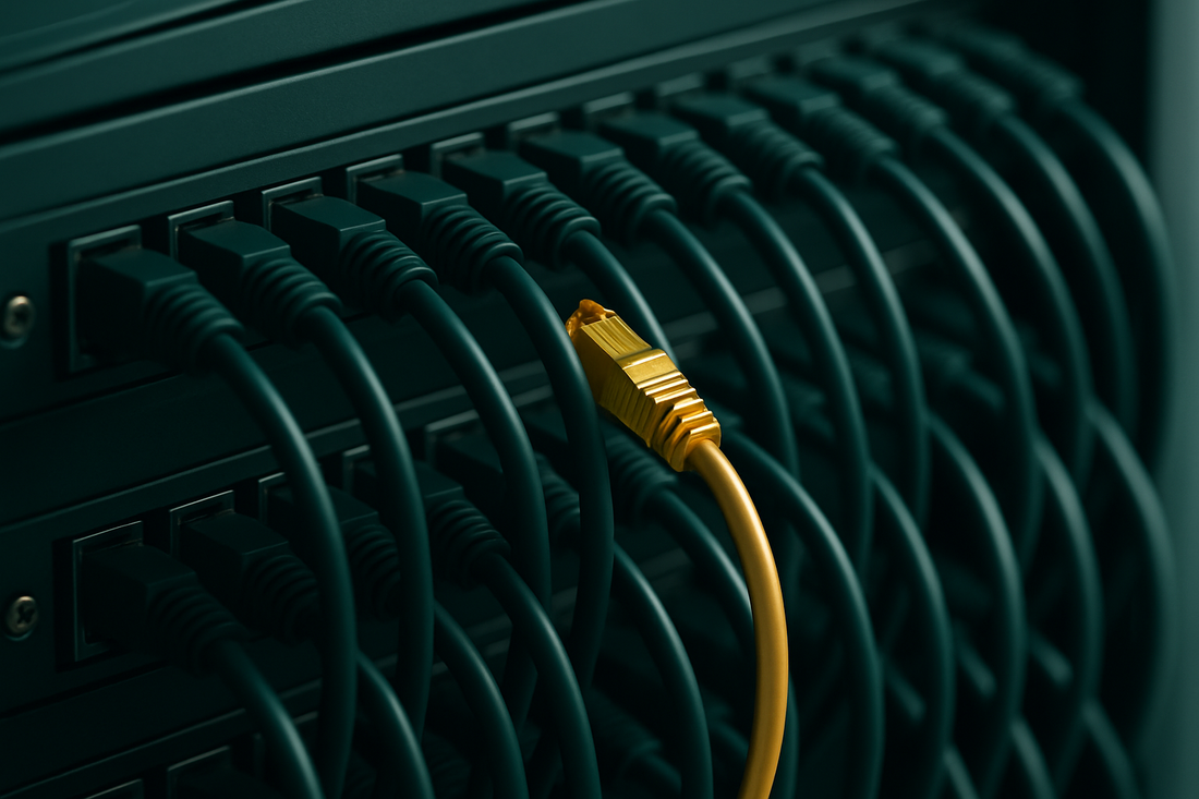 Painel de sistemas com cabos verdes organizados e um conector dourado em destaque — adaptação de sistemas fiscais à reforma tributária (CBS/IBS), Algoritimado.