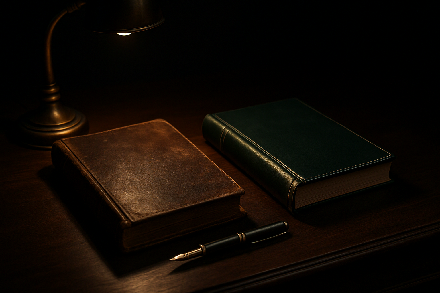 Dois livros-razão de couro lado a lado sob luz de abajur de latão — um gasto e um novo, verde com friso dourado — simbolizando o antes e depois das revisões de pronunciamentos CPC 2024–2026.