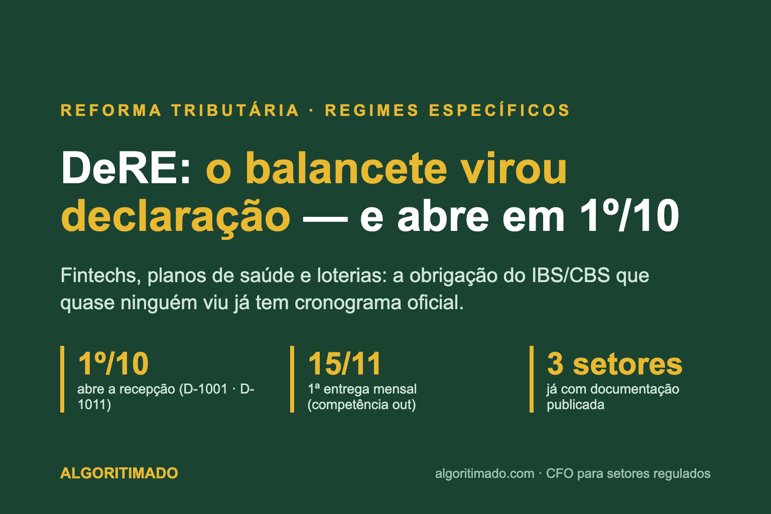 Cartaz: DeRE — o balancete virou declaração; abre 1º/10, 1ª entrega mensal 15/11, 3 setores com documentação (fintechs, planos de saúde, loterias)