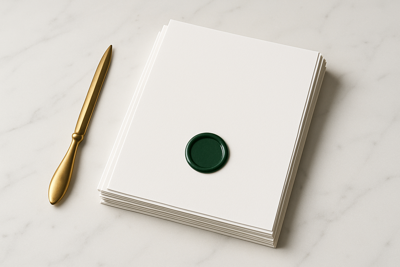 Abridor de cartas em latão apoiado sobre uma superfície de mármore branco, ao lado de uma pilha organizada de documentos com bordas nítidas, selados com cera verde-escura, sob iluminação suave superior que projeta sombras delicadas.