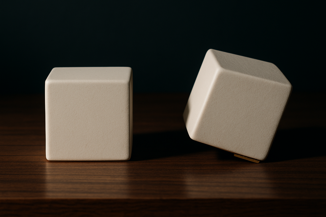 Dois cubos de ceramica fosca cor de osso sobre mesa de nogueira escura, ao fundo preto. O da esquerda esta reto; o da direita, visivelmente inclinado, erguido por uma fina cunha de latao sob a borda. Luz dura lateral marca a diferenca.