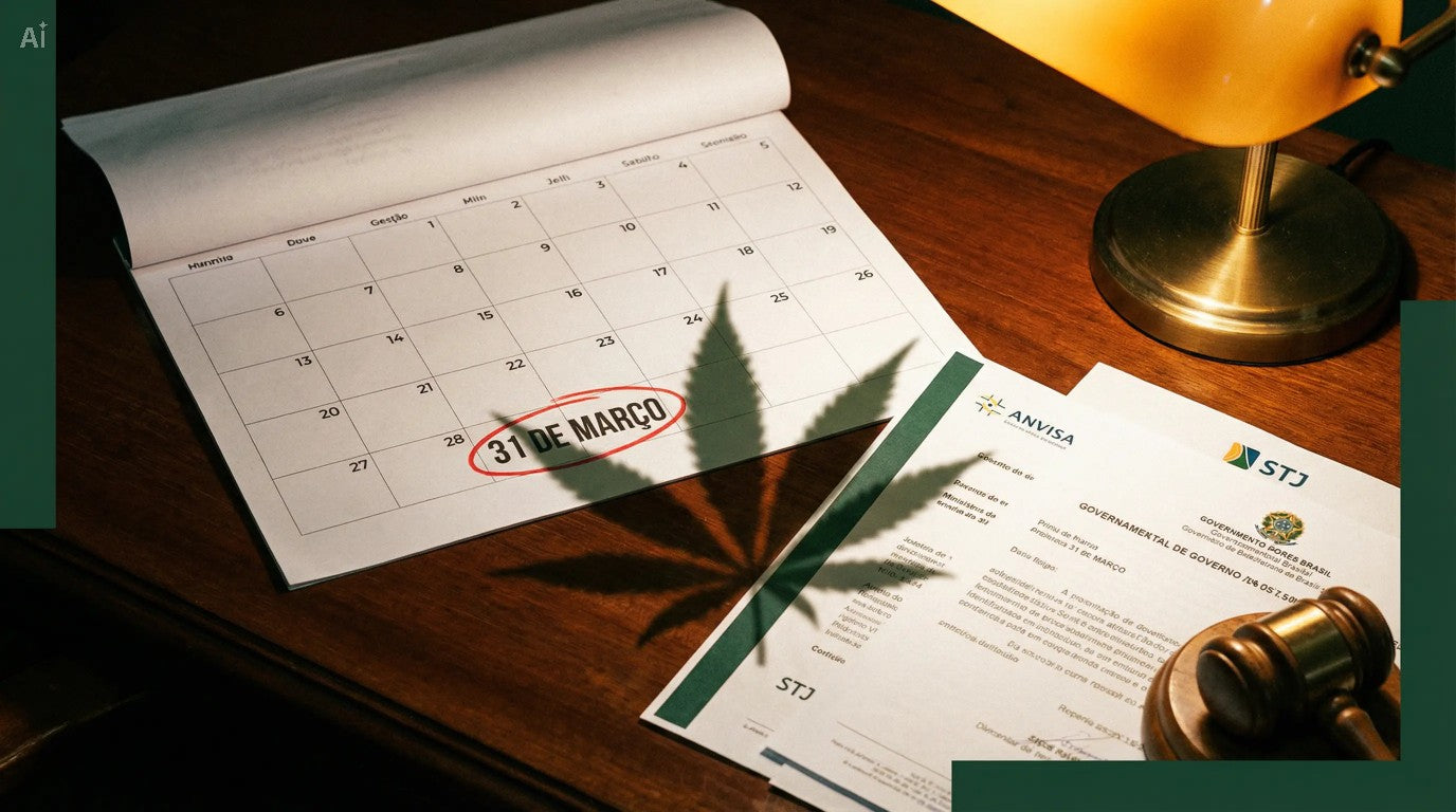 Calendário com prazo de 31 de março de 2026 sobre mesa com documentos regulatórios da ANVISA e STJ, representando o balanço do IAC 16 para o setor de cannabis medicinal no Brasil