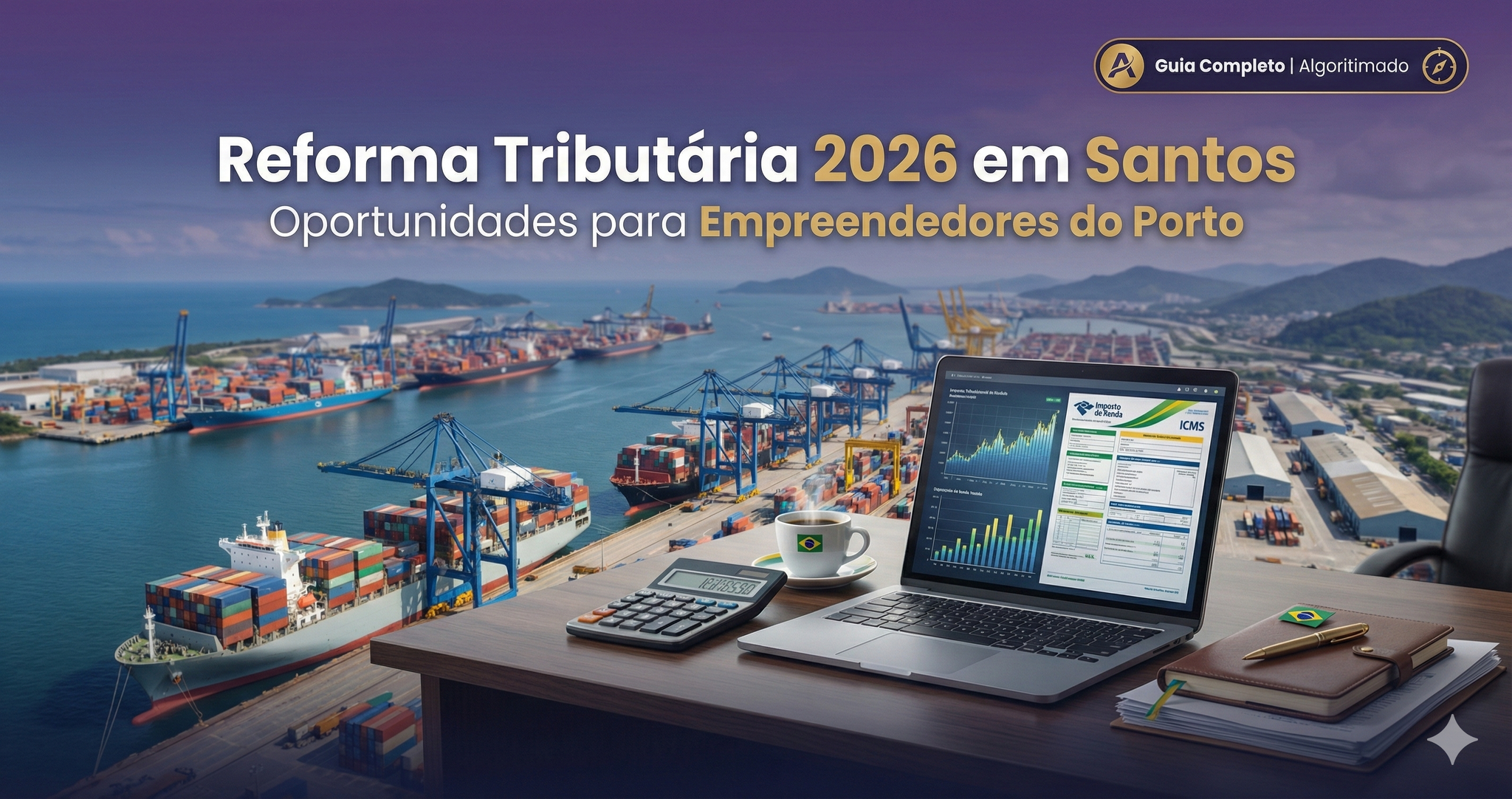 Vista aérea do Porto de Santos com containers e navios,  sobreposto com elementos de planejamento tributário e  gráficos financeiros, representando a Reforma Tributária 2026