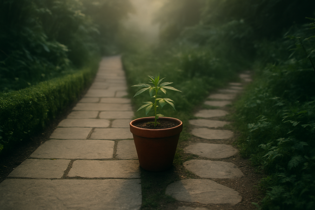 Bifurcação em um caminho de jardim de pedra vista à altura dos olhos, com um vaso de terracota contendo uma pequena muda verde no centro do entroncamento, o caminho da esquerda formado por lajes claras alinhadas entre arbustos baixos aparados e o da 