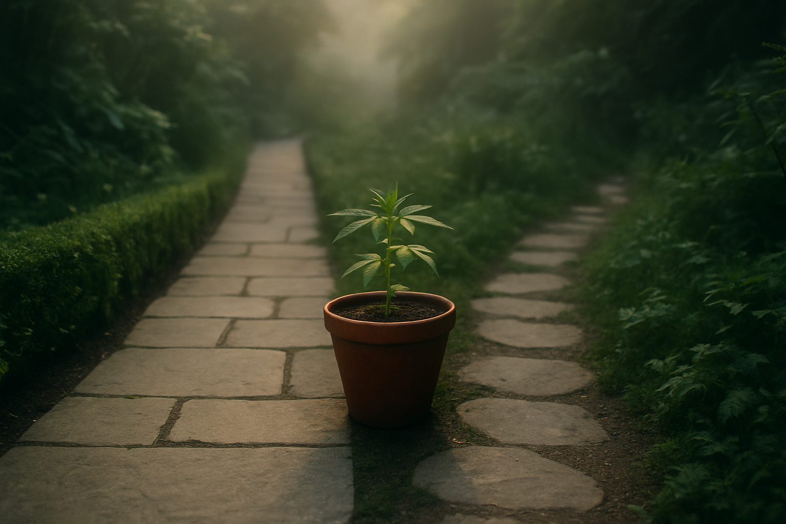 Bifurcação em um caminho de jardim de pedra vista à altura dos olhos, com um vaso de terracota contendo uma pequena muda verde no centro do entroncamento, o caminho da esquerda formado por lajes claras alinhadas entre arbustos baixos aparados e o da 