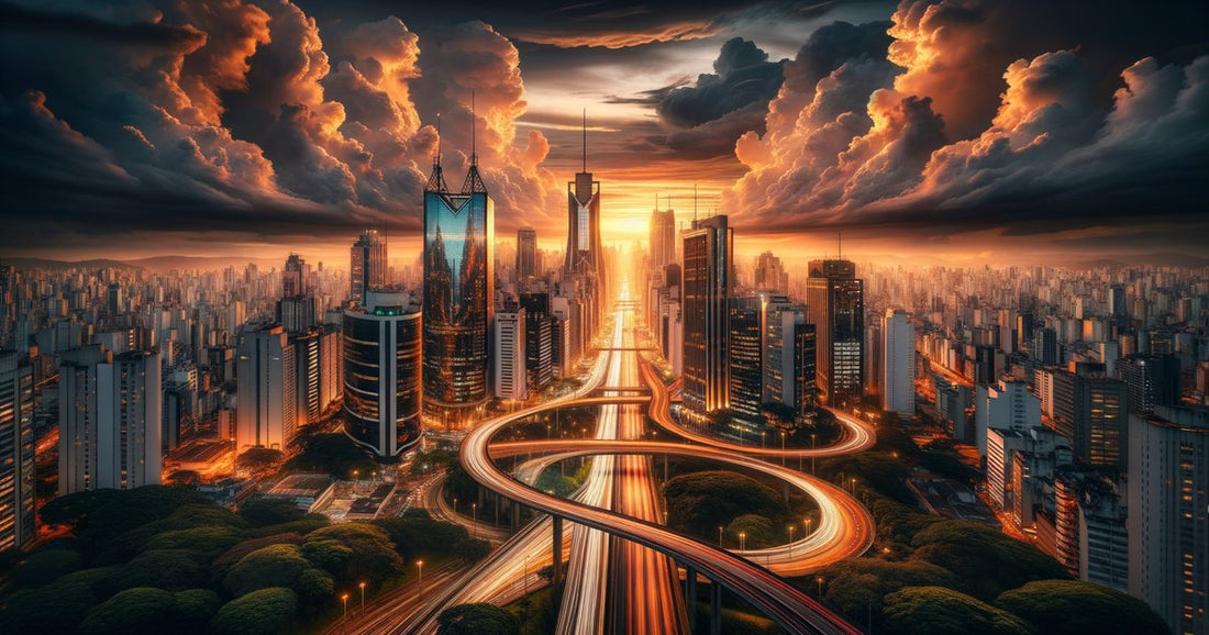 Distrito financeiro de São Paulo ao entardecer com prédios de vidro refletindo luz dourada — banking cannabis Brasil