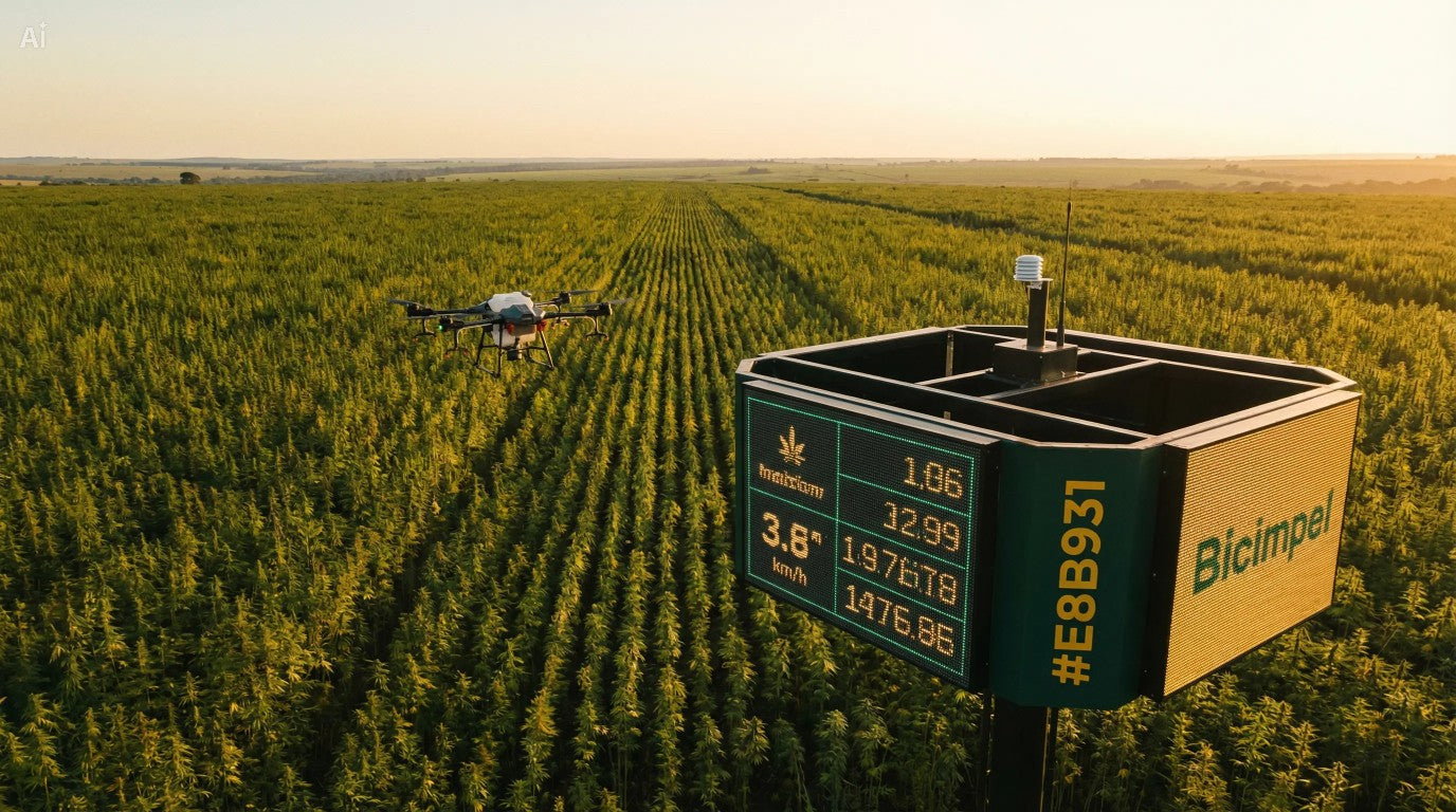 Campo de cânhamo industrial com tecnologia de agricultura de precisão e drones, representando a interseção entre AgTech, BioTech e governança financeira para o setor no Brasil