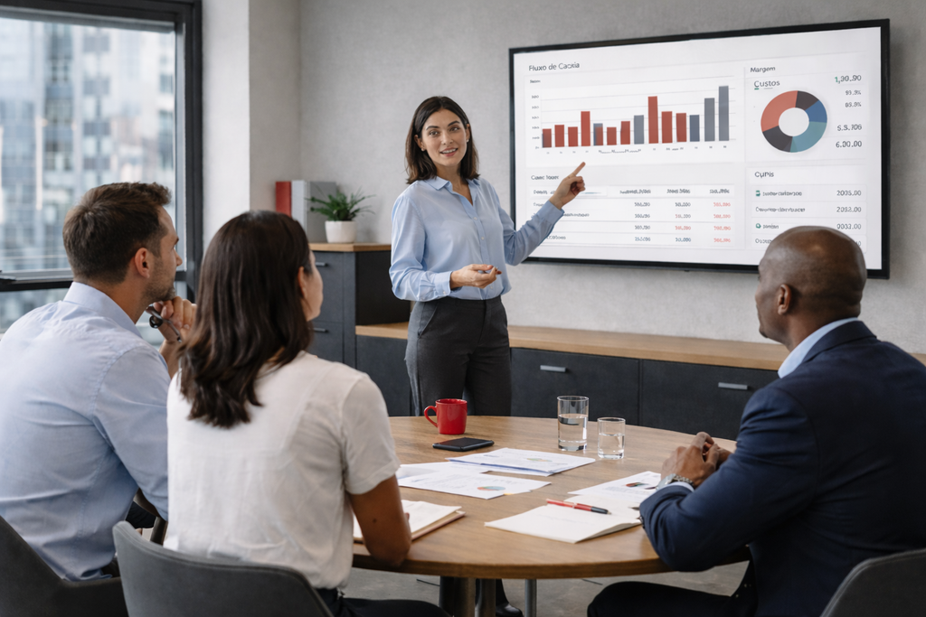 mulher apresentando graficos de caixa e kpis para equipe em reuniao de pme no brasil