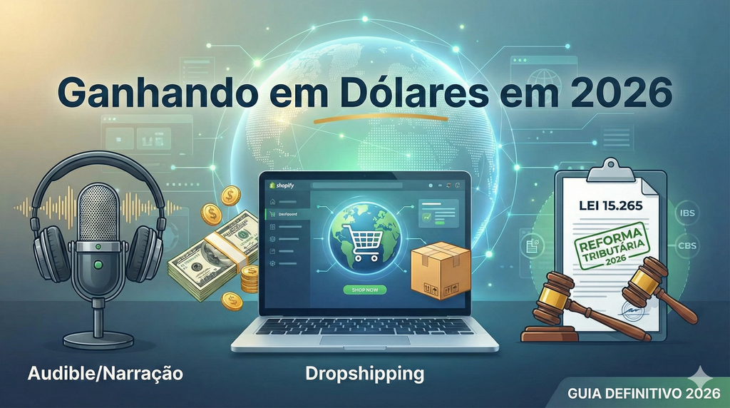 Gráfico ilustrativo sobre como ganhar em dólar em 2026 com audible e dropshipping, incluindo ícones da reforma tributária lei 15.265