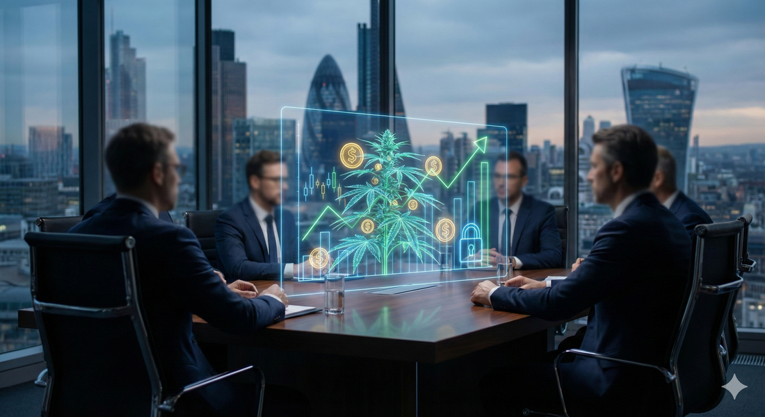 Reunião de diretoria executiva com holograma de planta de cannabis e gráficos financeiros, simbolizando compliance bancário e valuation estratégico na Faria Lima, Brasil.