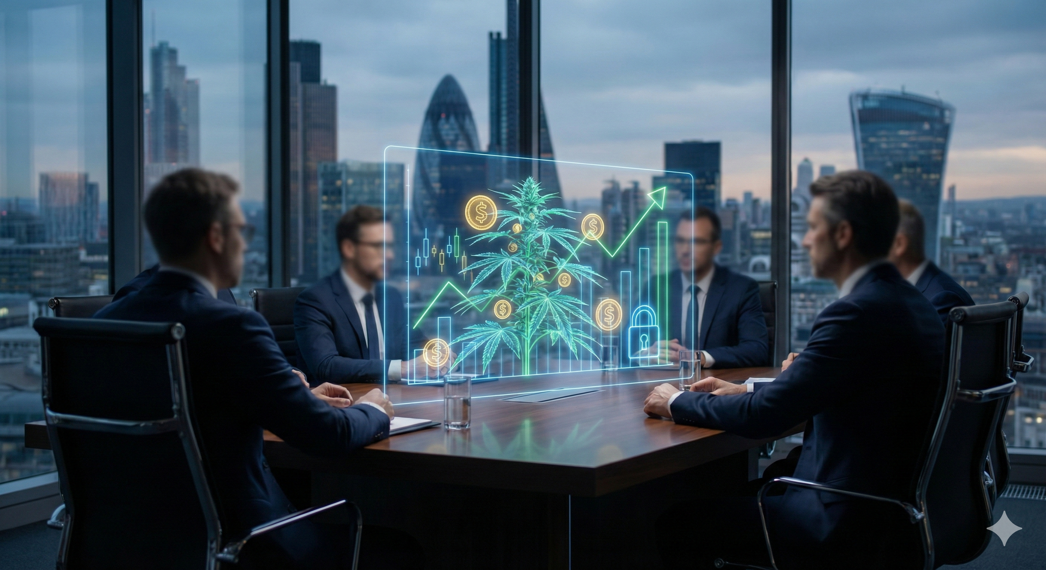 Reunião de diretoria executiva com holograma de planta de cannabis e gráficos financeiros, simbolizando compliance bancário e valuation estratégico na Faria Lima, Brasil.