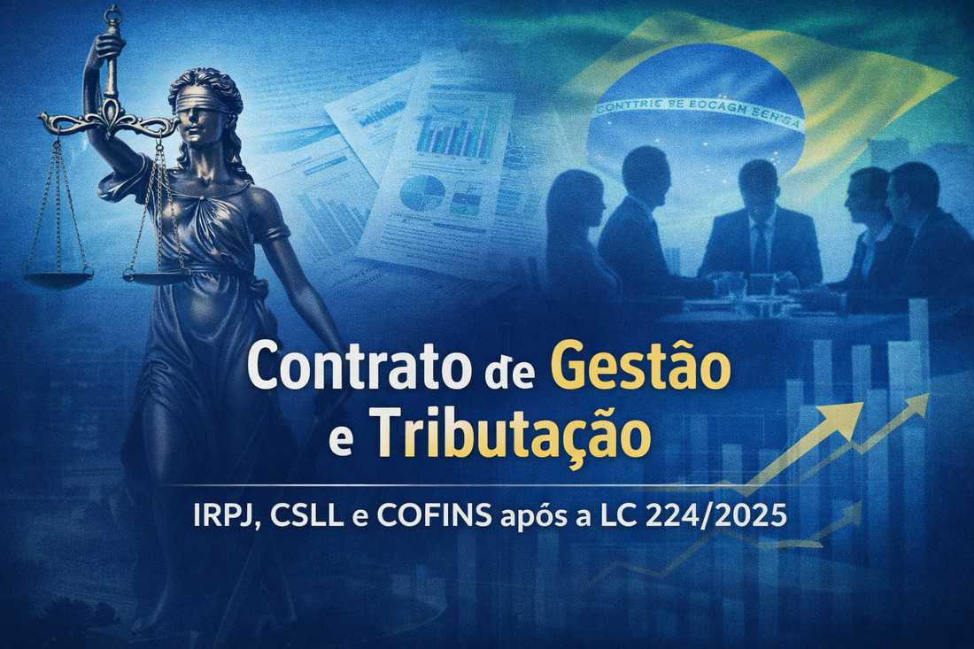 Banner sobre contrato de gestão e tributação de IRPJ, CSLL e COFINS após a Lei Complementar 224/2025