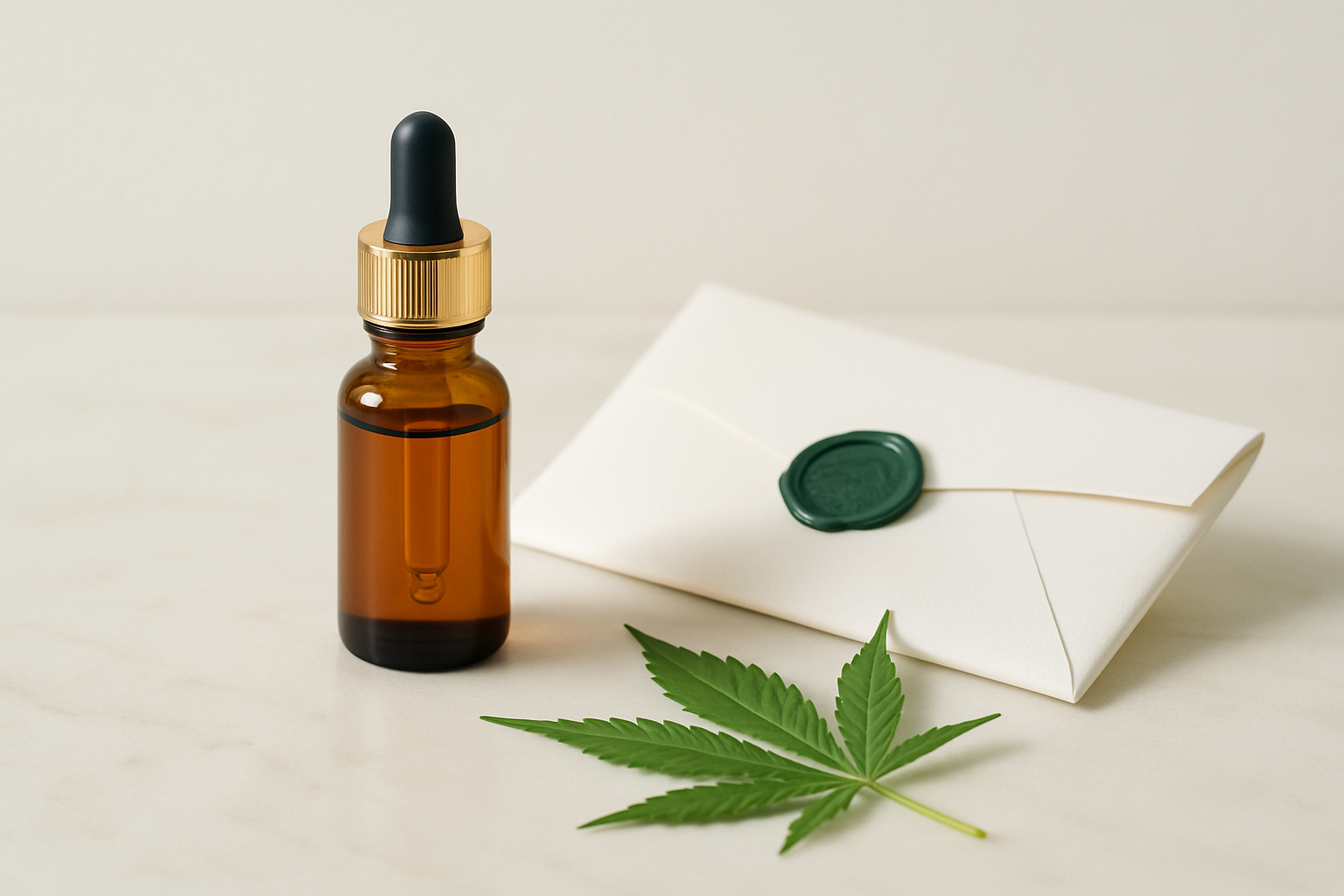 Almofariz de pedra com folhas de cannabis ao lado de placa de ardósia e selo de cera verde, sobre fundo escuro — produção e autorização sanitária de cannabis medicinal sob a RDC 1.015.