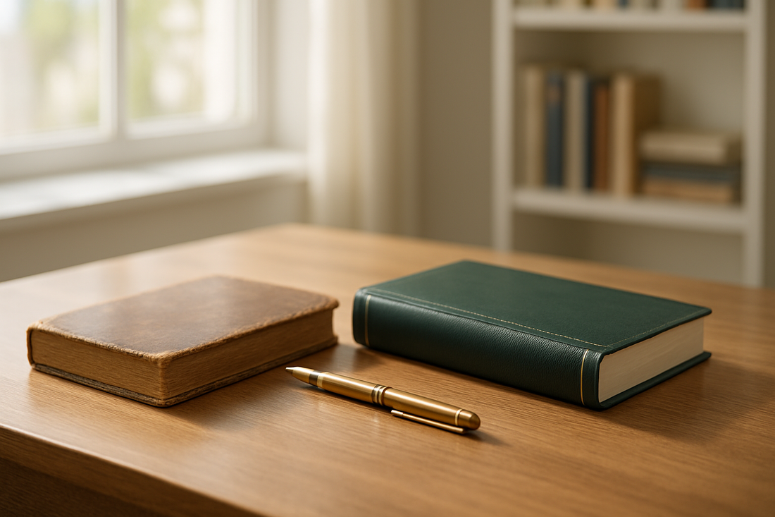 Dois livros-razão de couro lado a lado sobre mesa clara à luz do dia — um gasto e um novo, verde com friso dourado — simbolizando o antes e depois das revisões de pronunciamentos CPC 2024–2026.