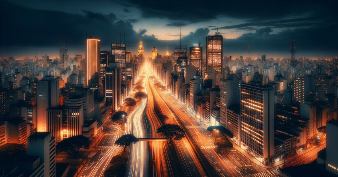 Skyline de São Paulo à noite com trilhas de luz de trânsito e arranha-céus iluminados — gestão financeira PME