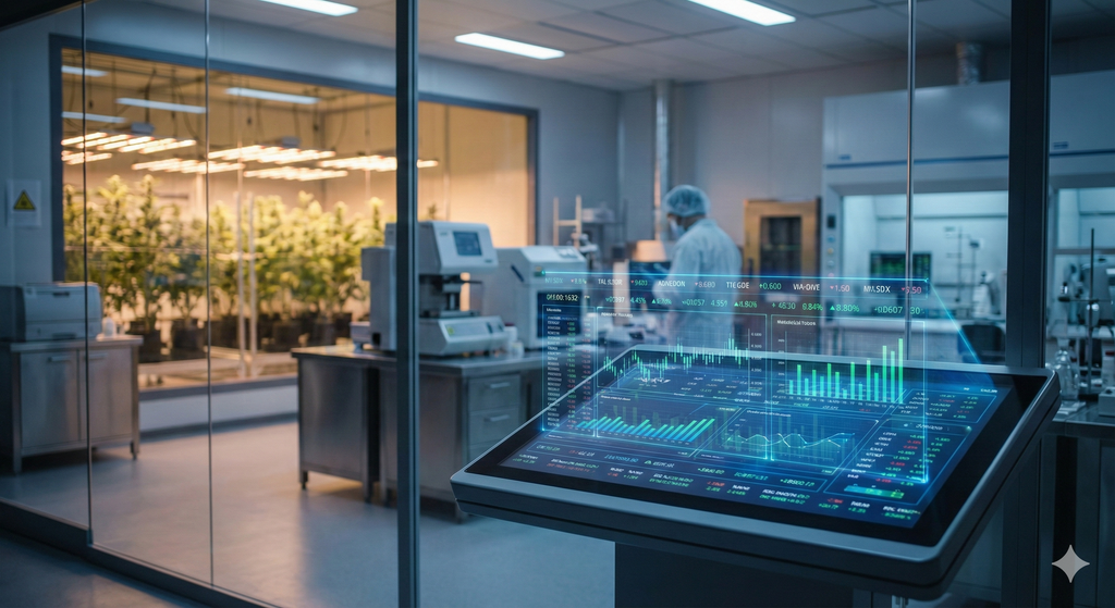Painel digital de análise financeira e dashboards de dados em primeiro plano, integrado a um laboratório farmacêutico e cultivo de cannabis medicinal de alta tecnologia — ilustrando a gestão de ativos biológicos e compliance da Anvisa.