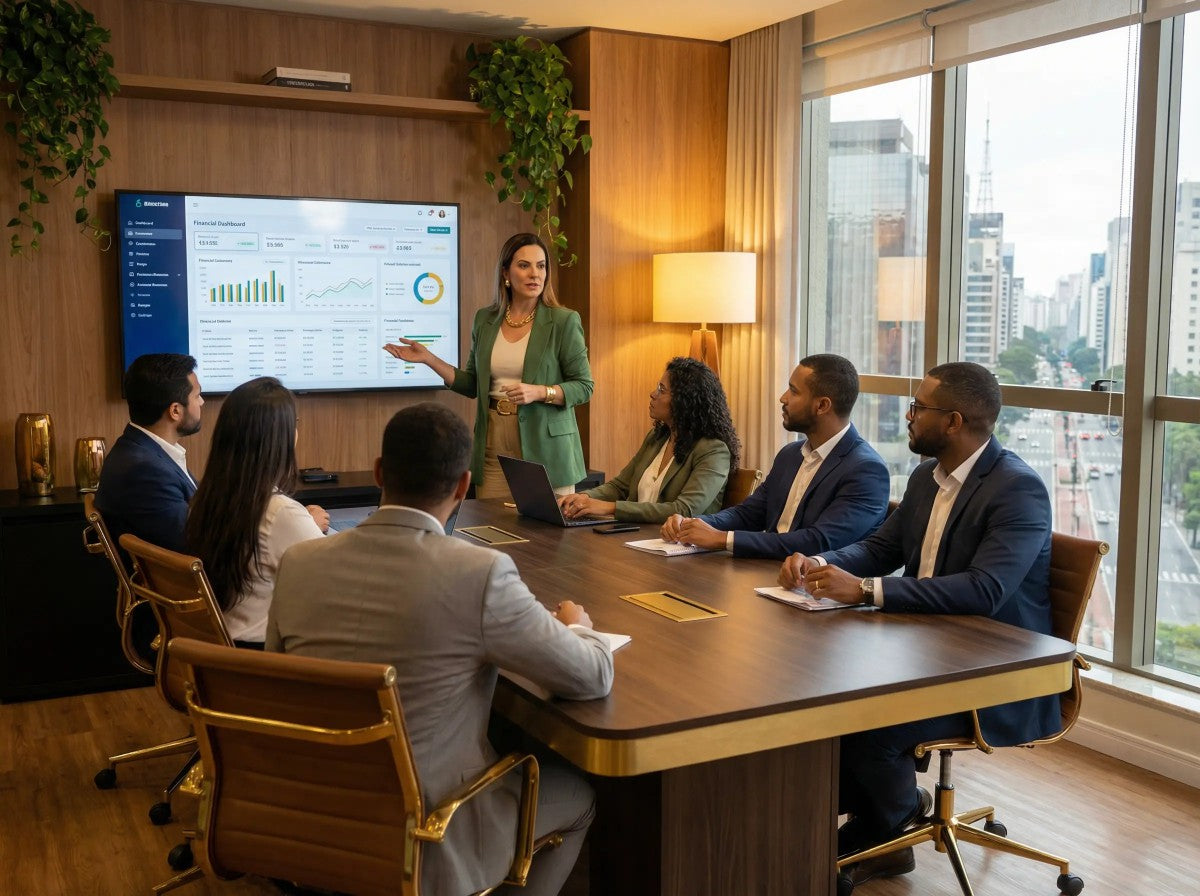 Guia completo sobre CFO as a Service no Brasil - consultora financeira apresentando dashboard