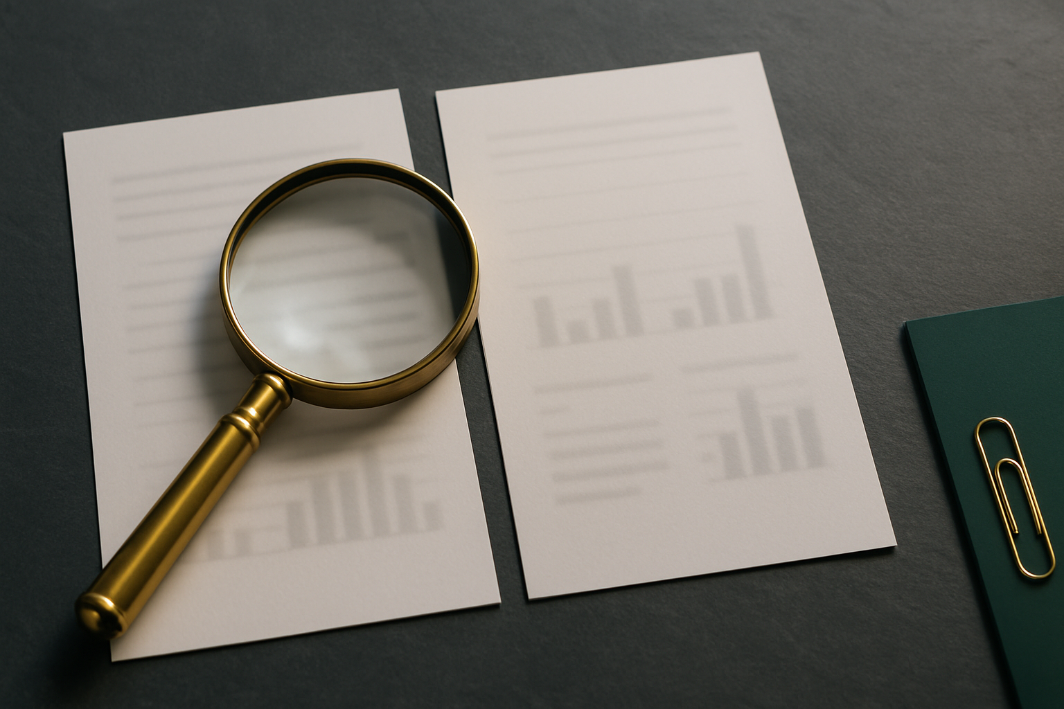 Lupa de latão sobre dois conjuntos de documentos lado a lado em superfície de ardósia, simbolizando a análise de comparáveis e a documentação de transfer pricing (Arquivo Local) sob a Lei 14.596/2023 no Brasil.