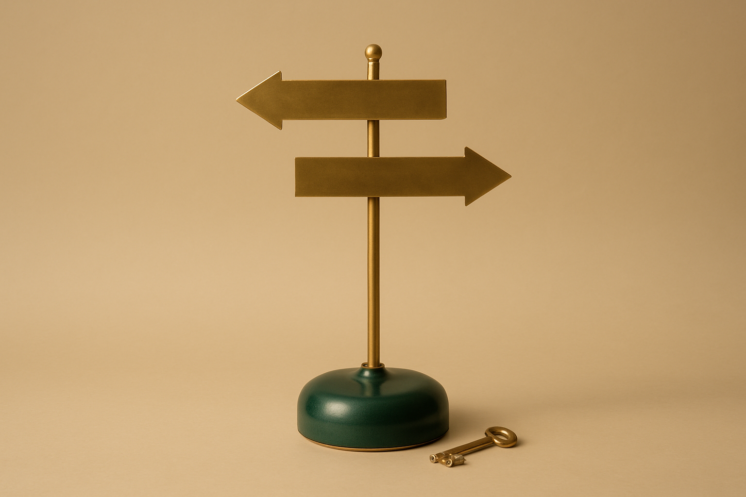 Placa de latão minimalista com duas setas elegantes apontando para direções opostas, apoiada sobre uma base cerâmica verde-escura, com uma pequena chave dourada repousada ao pé, sobre fundo bege suave de estúdio e luz difusa.
