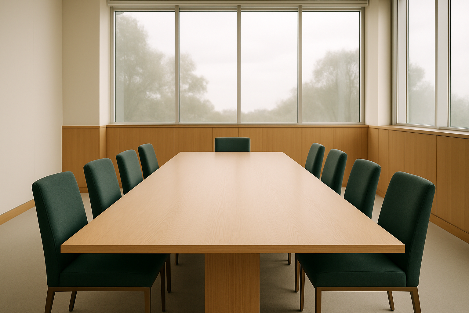 Sala de reuniões corporativa vazia com mesa de madeira clara e cadeiras em verde escuro, vista simétrica com janela ao fundo — imagem editorial sobre o ciclo normativo do CPC 52 e a tomada de decisão de CFOs no Brasil.