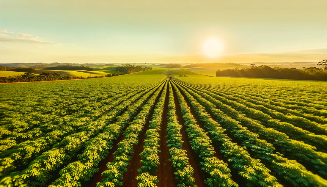 Campo de cânhamo industrial em horário dourado no sul do Brasil — fileiras de plantas verdes em cultivo agrícola comercial sob luz natural do entardecer