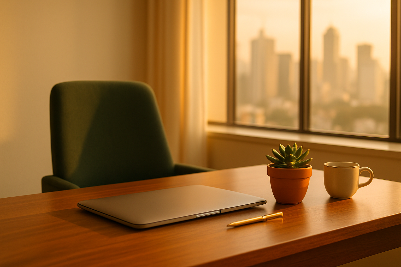 Mesa executiva moderna ao entardecer com janela mostrando skyline de São Paulo, laptop fechado, caneta dourada, planta verde e xícara de café — guia das 5 lições do CBCM 2026 para CFOs cannabis até 04/08.
