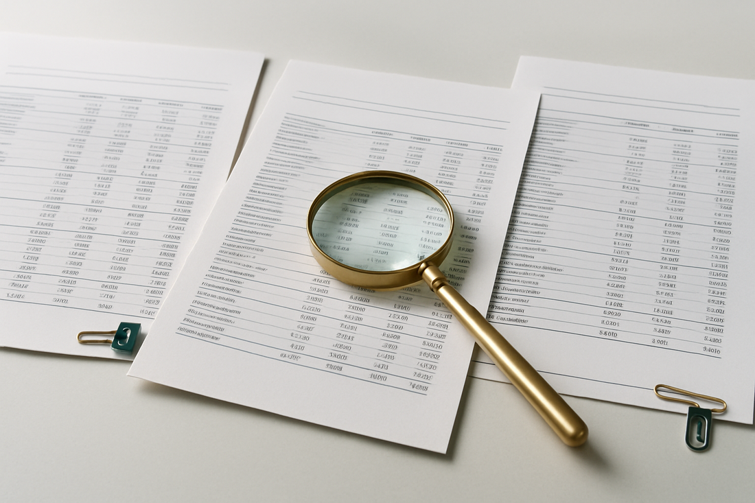 Relatórios financeiros comparados lado a lado com lupa sobre as colunas de números — benchmarking de comparáveis em transfer pricing. Brasil.