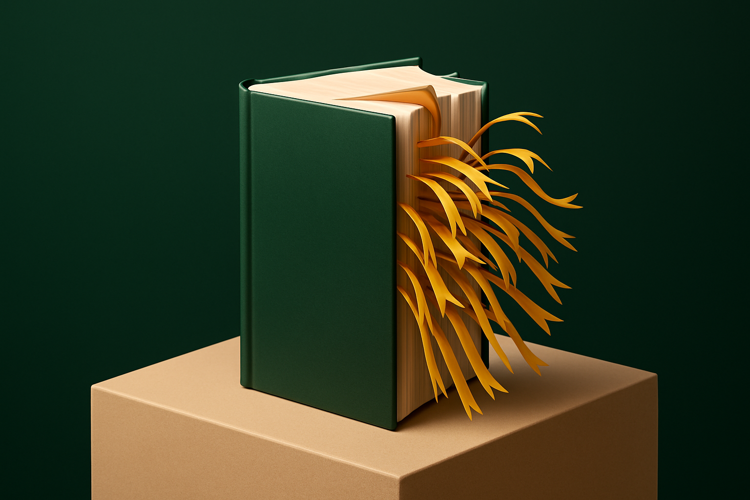 Livro grosso de capa dura verde-escura entreaberto sobre um pedestal bege, com dezenas de marcadores de fita amarelo-dourados de comprimentos variados saindo entre suas páginas, ao centro de um fundo verde-floresta uniforme e iluminado por uma luz âm