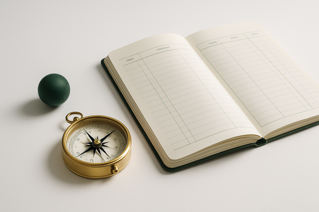 Bússola de latão sobre superfície branca ao lado de um livro contábil aberto de cor creme com páginas em branco, acompanhados de uma pequena esfera de cerâmica verde-escura, sob luz suave e difusa vinda de cima.