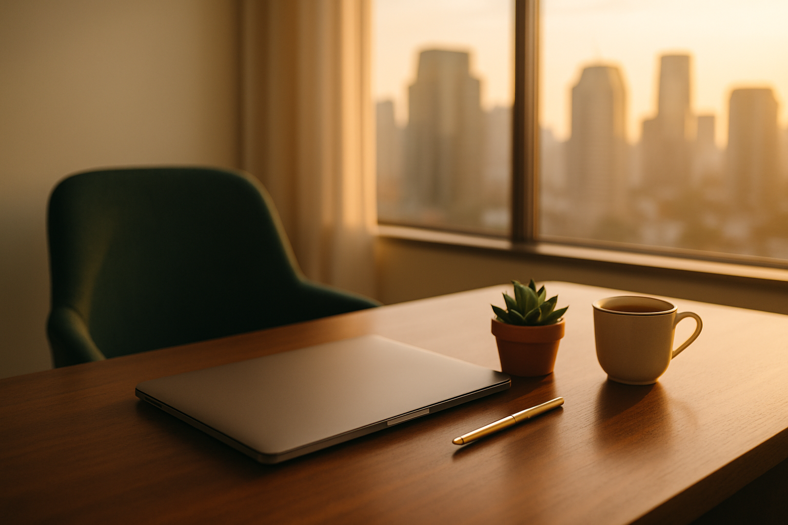Mesa de trabalho executiva ao entardecer com skyline de São Paulo ao fundo, laptop fechado, caneta dourada, planta verde e xícara de café — guia da fase de teste IBS/CBS 2026 (Arts. 343, 346, 348 LC 214/2025).