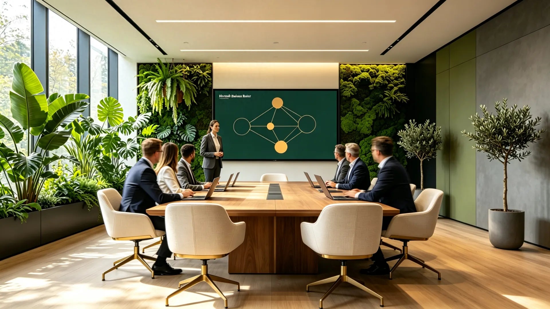 Reunião corporativa em escritório biofílico apresentando modelos de negócio para investimento em cannabis no Brasil após marco ANVISA 2026