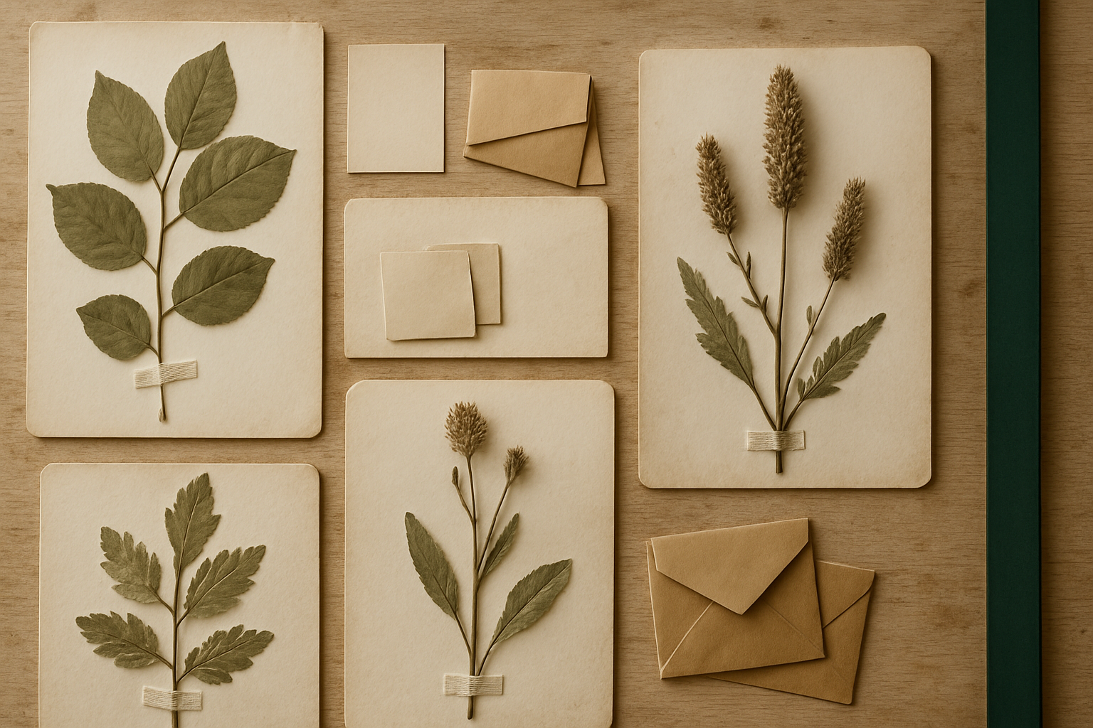Vista superior de folhas de herbário sobre mesa de madeira clara: quatro espécimes vegetais prensados presos por fita de linho, ao lado de cartões de identificação em branco e envelopes de papel kraft para sementes.