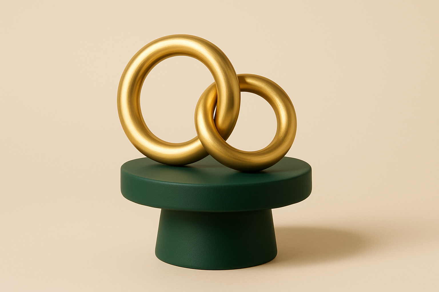 Dois anéis de latão polido entrelaçados como elos de corrente sobre um pedestal cerâmico verde-escuro, ao fundo bege suave, sob iluminação clara de estúdio com sombras suaves.