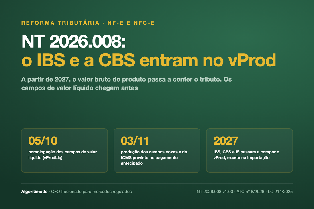 NT 2026.008: o IBS e a CBS entram no vProd da NF-e a partir de 2027; campos de valor líquido em homologação em 05/10 e em produção em 03/11