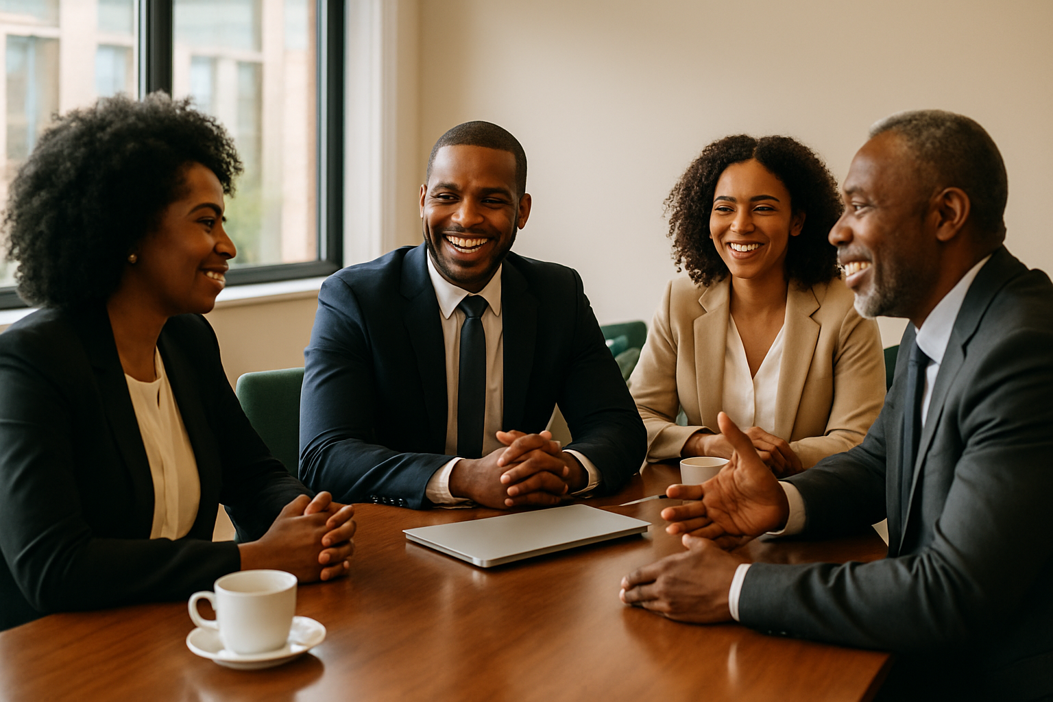 Quatro executivos negros, duas mulheres e dois homens, sorrindo em reuniao ao redor de mesa de madeira com laptop e cafe — guia de escolha de metodo de transfer pricing sob a Lei 14.596/2023.