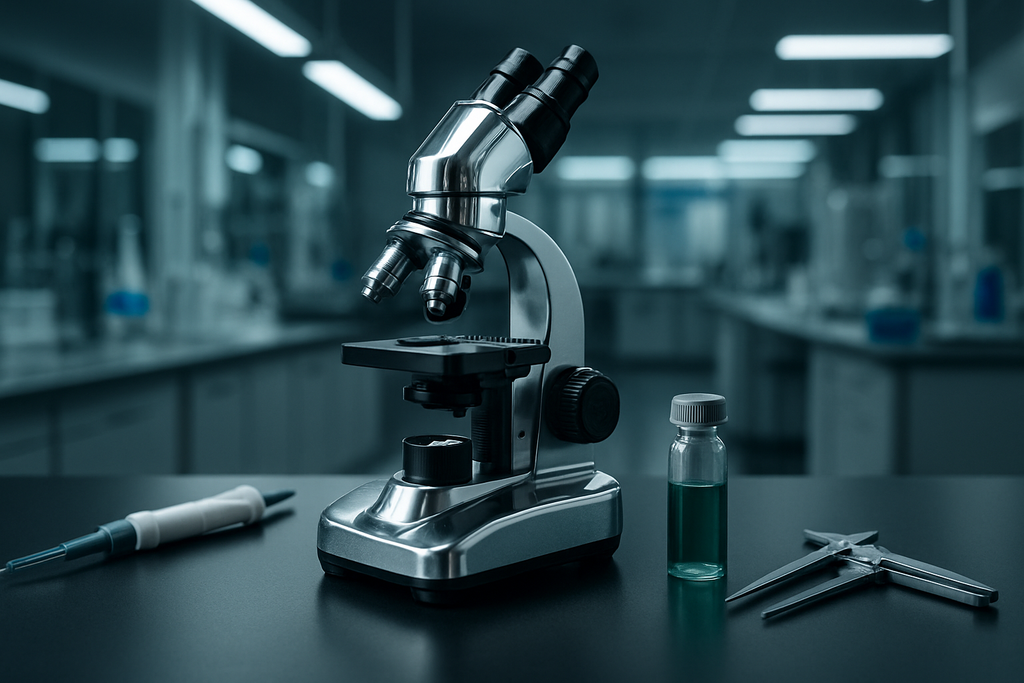Microscópio e frasco de amostra verde sobre bancada de laboratório — ambiente experimental do sandbox regulatório de cannabis medicinal da RDC 1.014/2026, no Brasil.