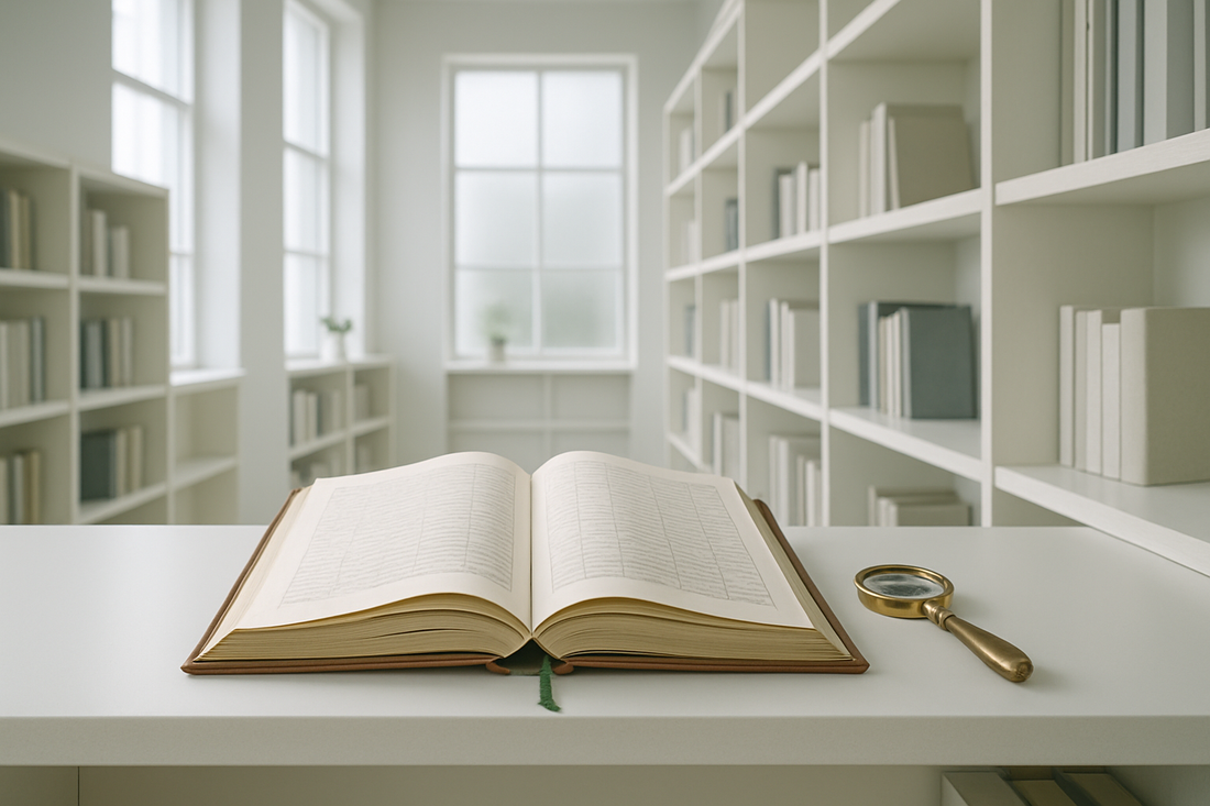 Livro encadernado em couro aberto sobre uma prateleira branca lisa, com uma pequena lupa de latão ao lado e um marcador verde-escuro saindo entre as páginas, em uma biblioteca minimalista de estilo escandinavo com prateleiras de madeira clara e luz n